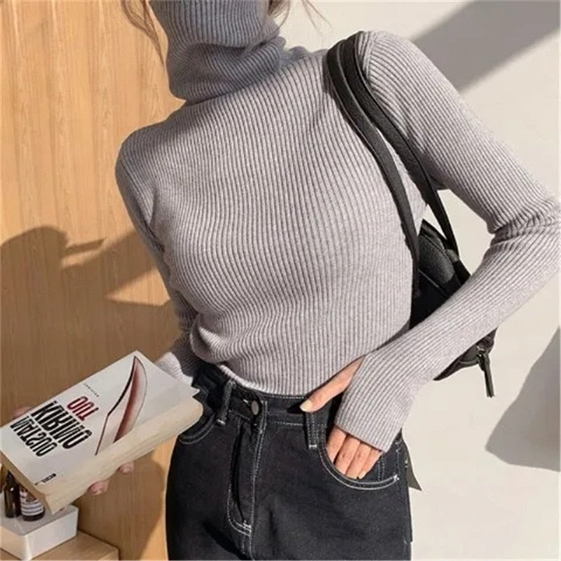 Solid Color Ribbed Turtleneck Long Sleeves Tops