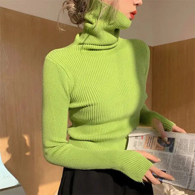 Solid Color Ribbed Turtleneck Long Sleeves Tops