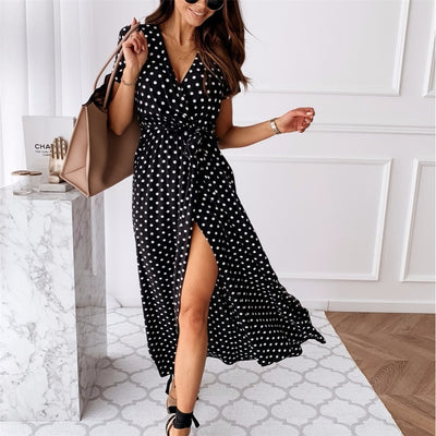 Slit Open Polka Dot Pattern Dresses