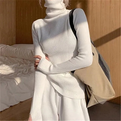 Solid Color Ribbed Turtleneck Long Sleeves Tops