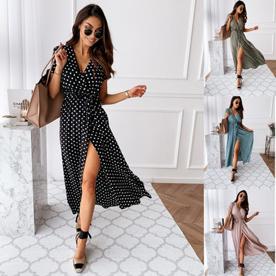 Slit Open Polka Dot Pattern Dresses