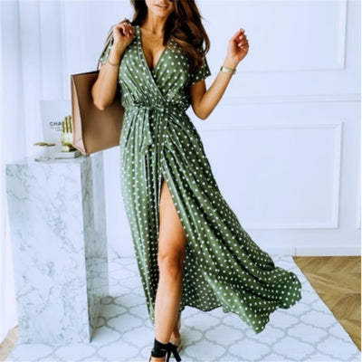 Slit Open Polka Dot Pattern Dresses