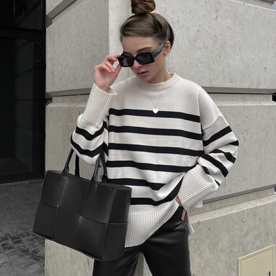 Knitted Casual Round Neck Striped Jumpers