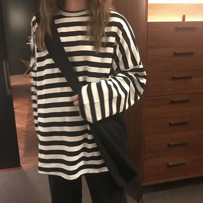 Round Neck Striped Long Sleeves Tops