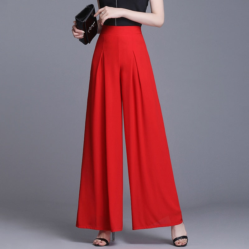 High Waist Chiffon Wide Leg Pleated Pants