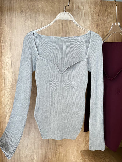 Long Sleeves Square Neck Ribbed Tops