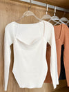 Long Sleeves Square Neck Ribbed Tops