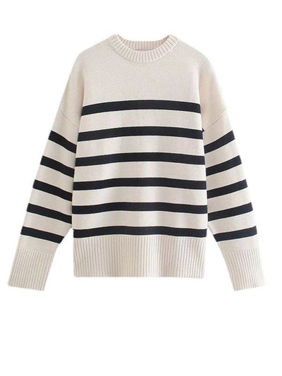 Knitted Casual Round Neck Striped Jumpers