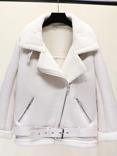 Leather Fluffy Collar Zipper Belted Jackets