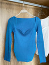 Long Sleeves Square Neck Ribbed Tops