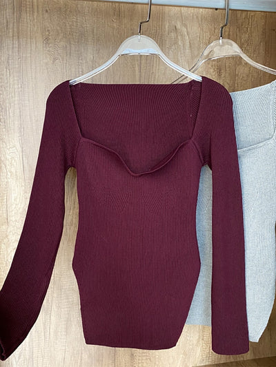 Long Sleeves Square Neck Ribbed Tops