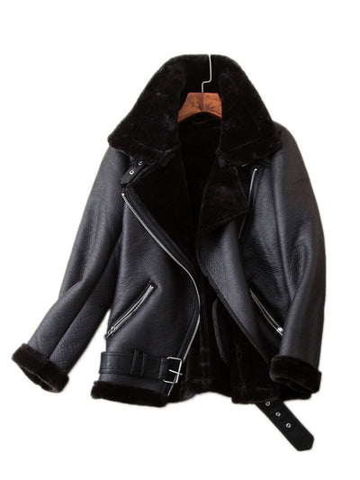 Leather Fluffy Collar Zipper Belted Jackets