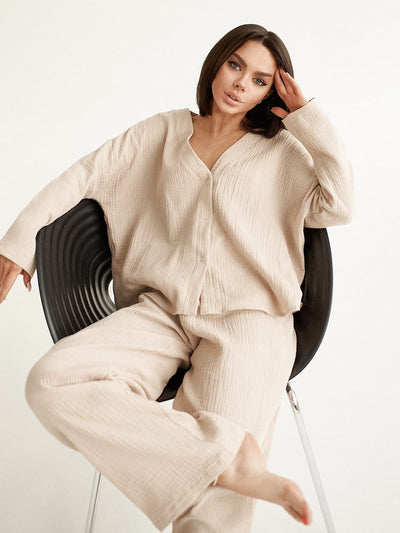 Pure Cotton V-Neck Jumper & Trousers Set