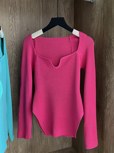 Long Sleeves Square Neck Ribbed Tops