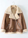 Leather Fluffy Collar Zipper Belted Jackets