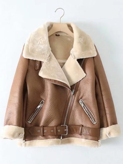 Leather Fluffy Collar Zipper Belted Jackets