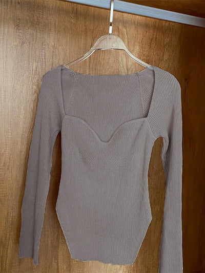 Long Sleeves Square Neck Ribbed Tops