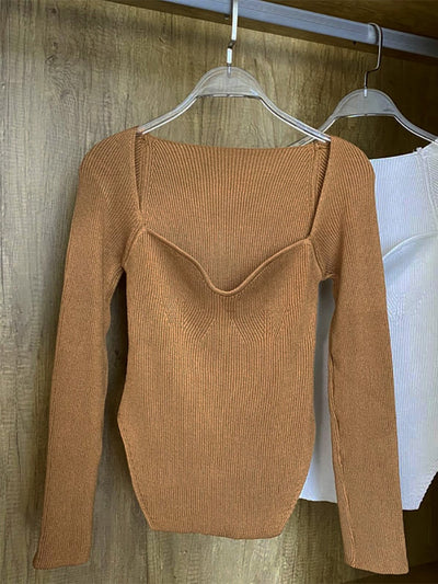 Long Sleeves Square Neck Ribbed Tops