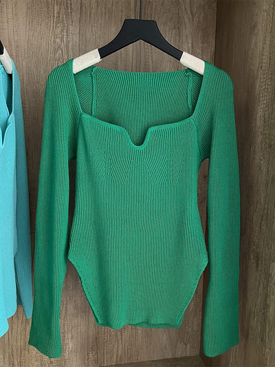 Long Sleeves Square Neck Ribbed Tops