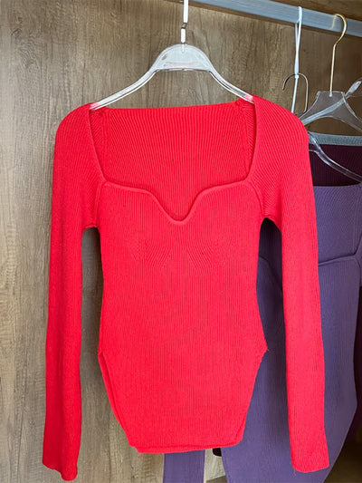 Long Sleeves Square Neck Ribbed Tops