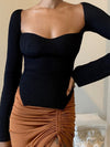 Long Sleeves Square Neck Ribbed Tops